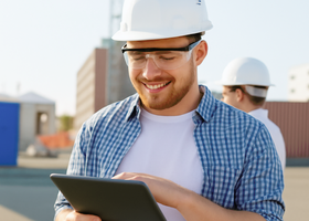 White male with yellow hard hat and safety glasses, on a construction site smiling while looking at clipboard